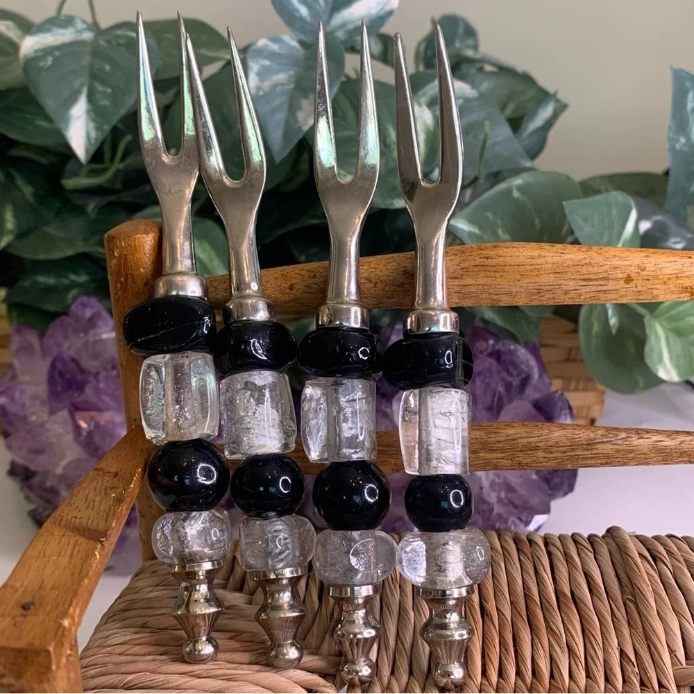 4 Glass Beaded Stainless Steel Forks Appetizers Olives Charcuterie Cocktail Set